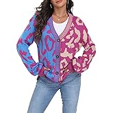 Miusey Women's Leopard Print Cardigan V Neck Open Front Long Sleeve Color Block Button Down Sweater Outwear