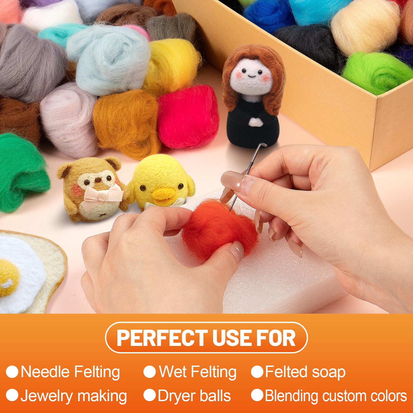 96pcs 10.4 oz Needle Felting Wool - 48 Colors Nature Wool Roving Yarn for Beginners Hand Spinning Felting Supplies, 3g/Pack