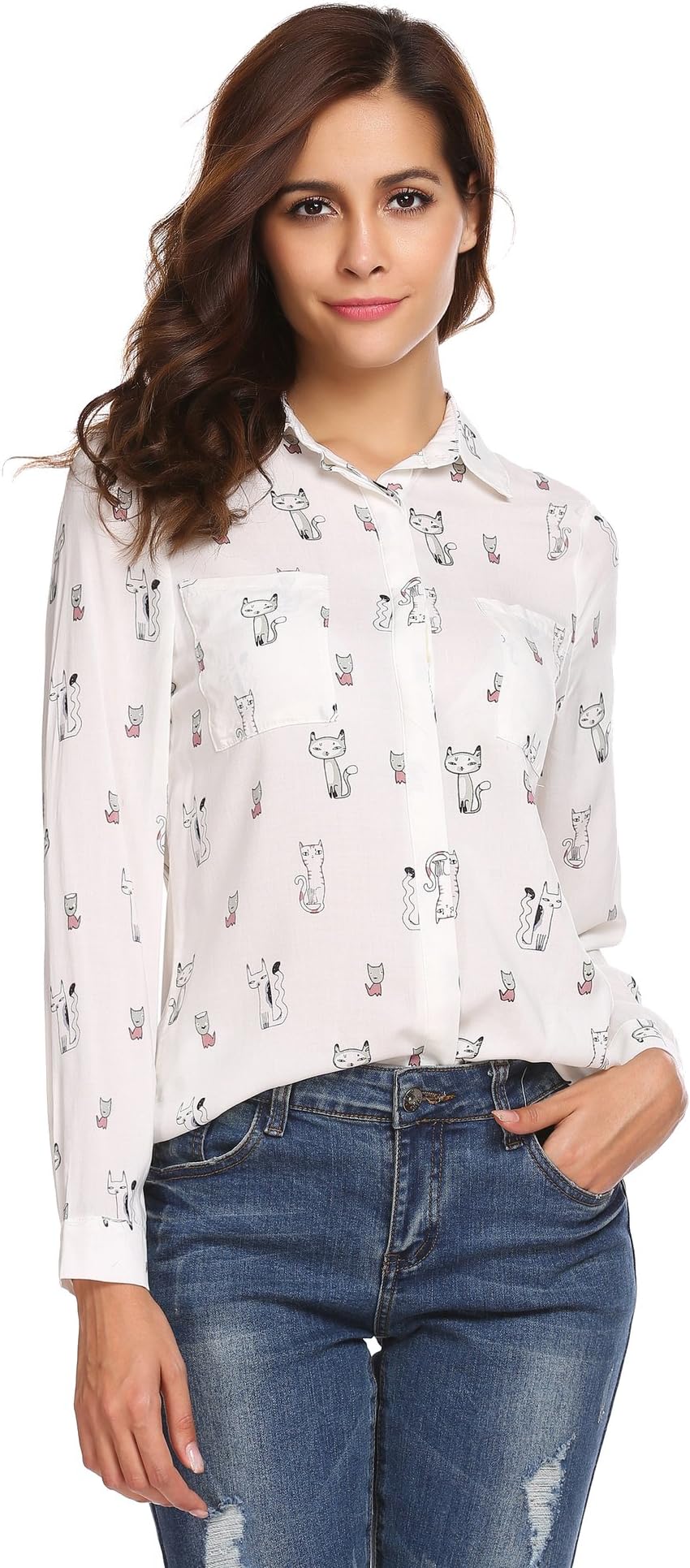 Pinspark Women's Fashion Collar Long Sleeve Print Casual Button Down Blouse Shirt