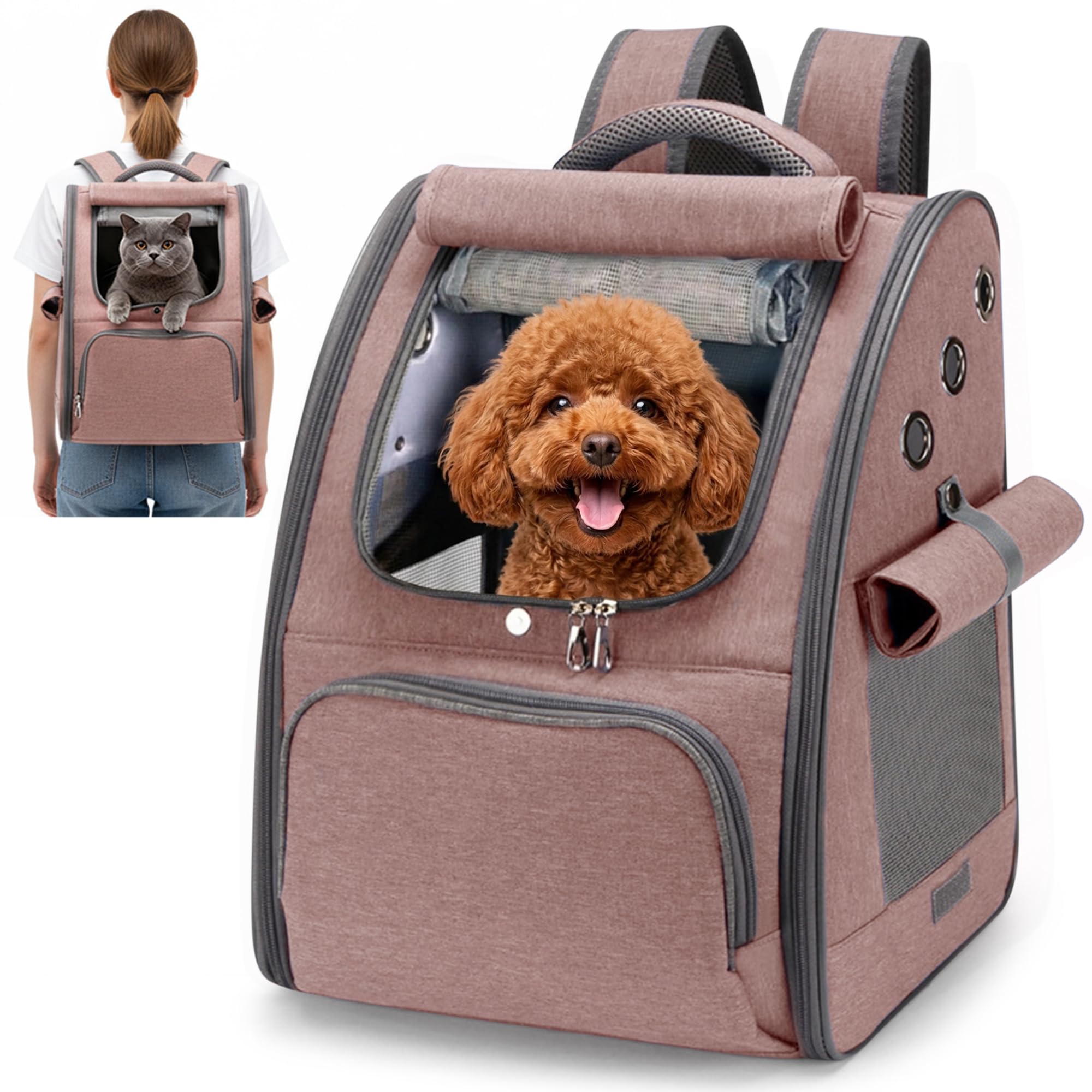 ALLSOPETS Cat Carrier Backpack, Foldable Breathable Pet Carrier Bag with Sunshade Design for Cats and Small Dogs for Travel, Vet Visits, Outdoor Walks (Rose Brown)