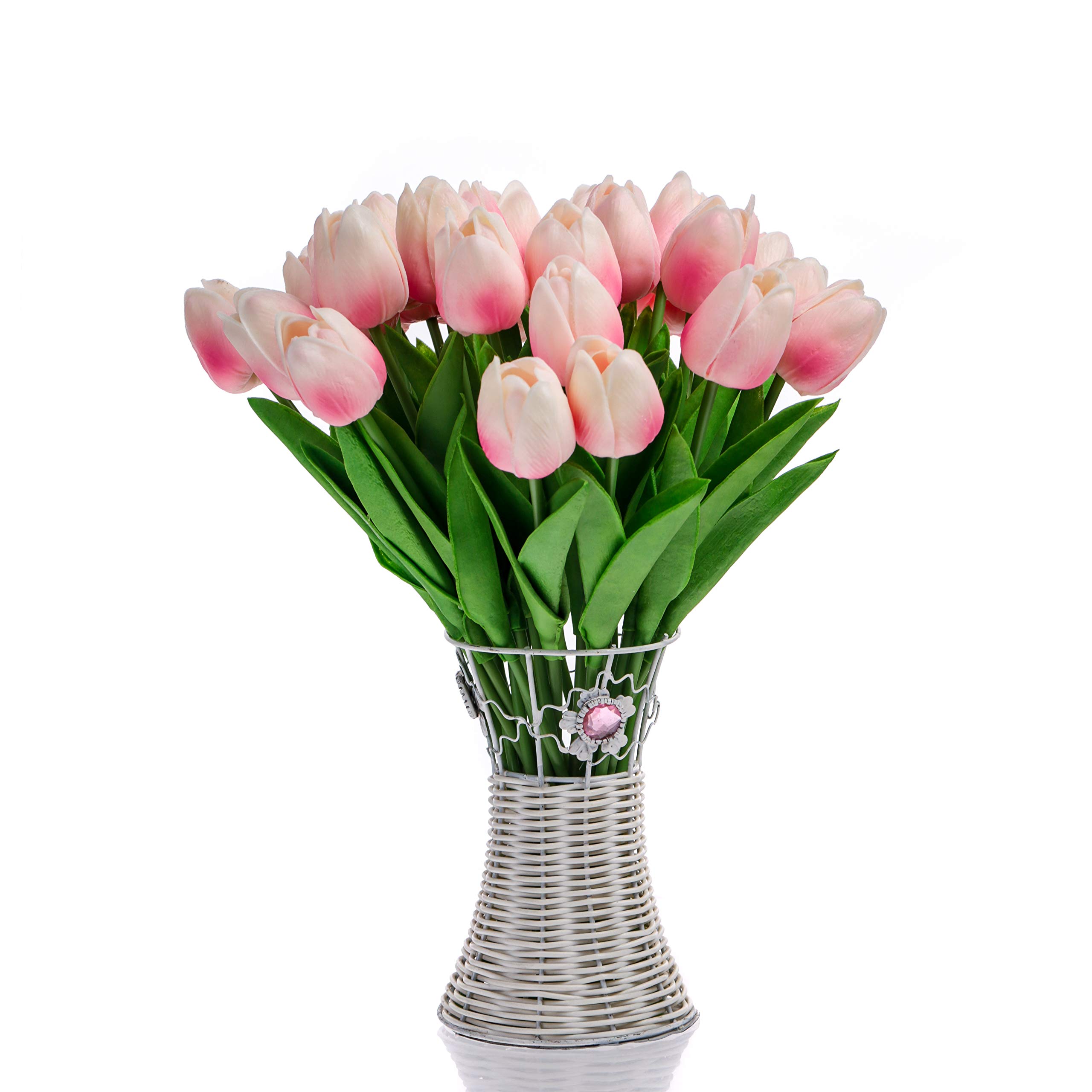 CCINEE 28PC PU Holland Mini Tulip Artificial Flower Real Touch for Wedding,Room,Home,Hotel,Party Decoration (White and Pink)