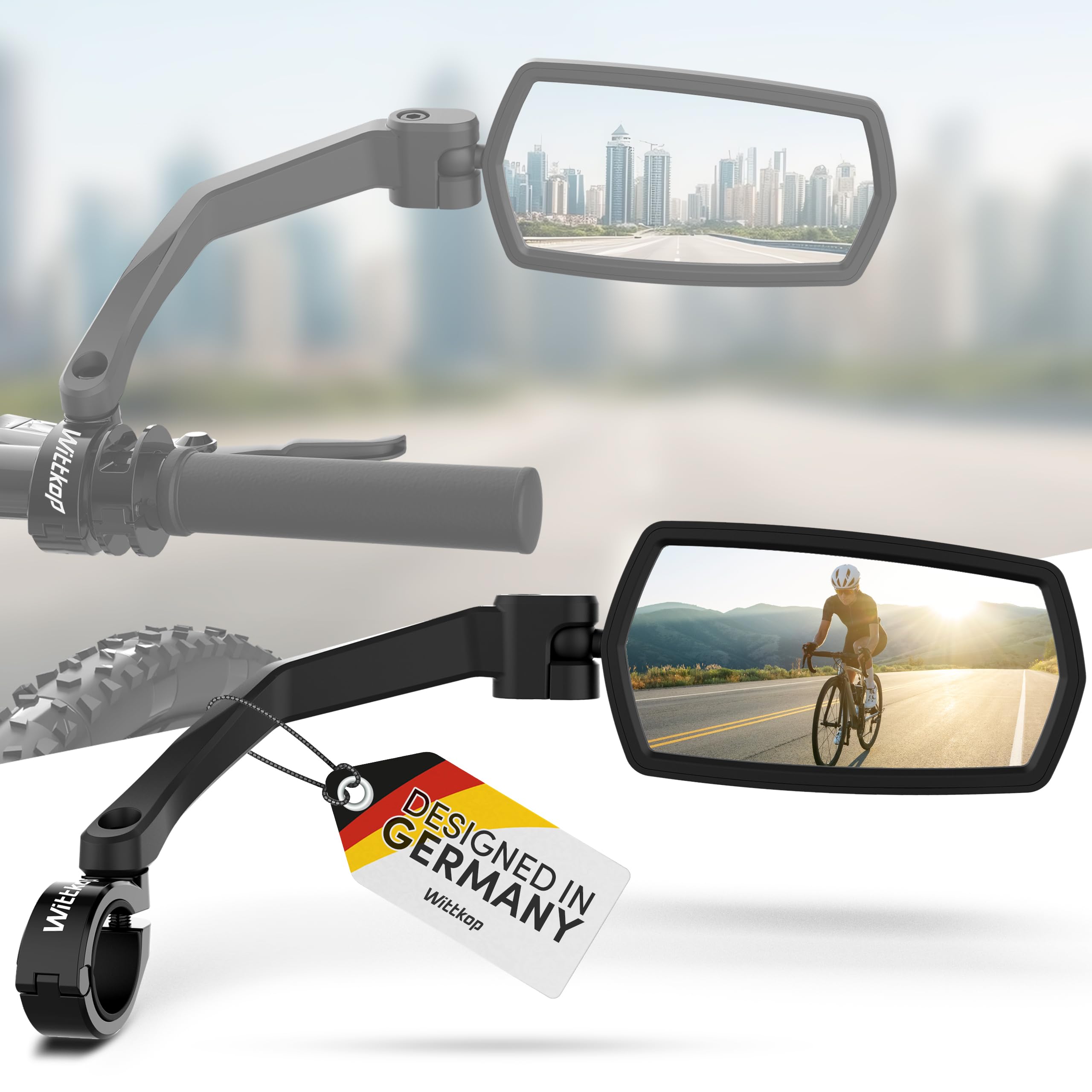 WITTKOP Bike mirror | Large HD field of vision | 360° rotatable & foldable | Mounting above & below | Break-proof & durable | ebike accessories, bike mirror handlebar mount, bicycle mirrors