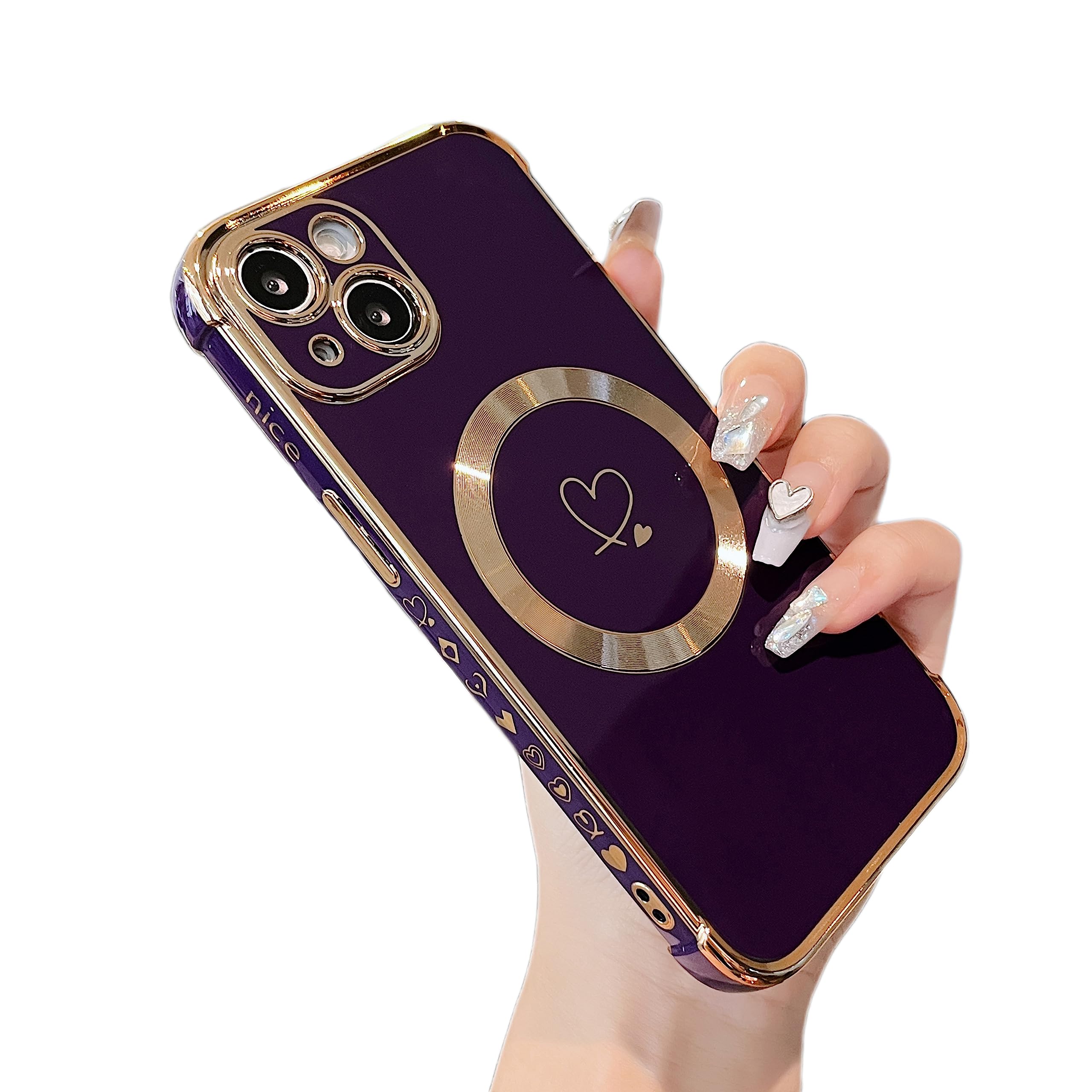 ZTOFERA Magnetic Case for iPhone 14 6.1" [Compatible with MagSafe] Cute Plating Love Hearts Pattern Case with Camera Protection,Soft Shockproof TPU Bumper Cover for Women Girls,Dark Violet
