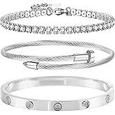 Camhanno Silver Bangle Bracelets for Women - Stainless Steel Love & Friendship Tennis Bracelets with Gift Box | Daily & Party Wear Jewelry (Silver Bracelets)