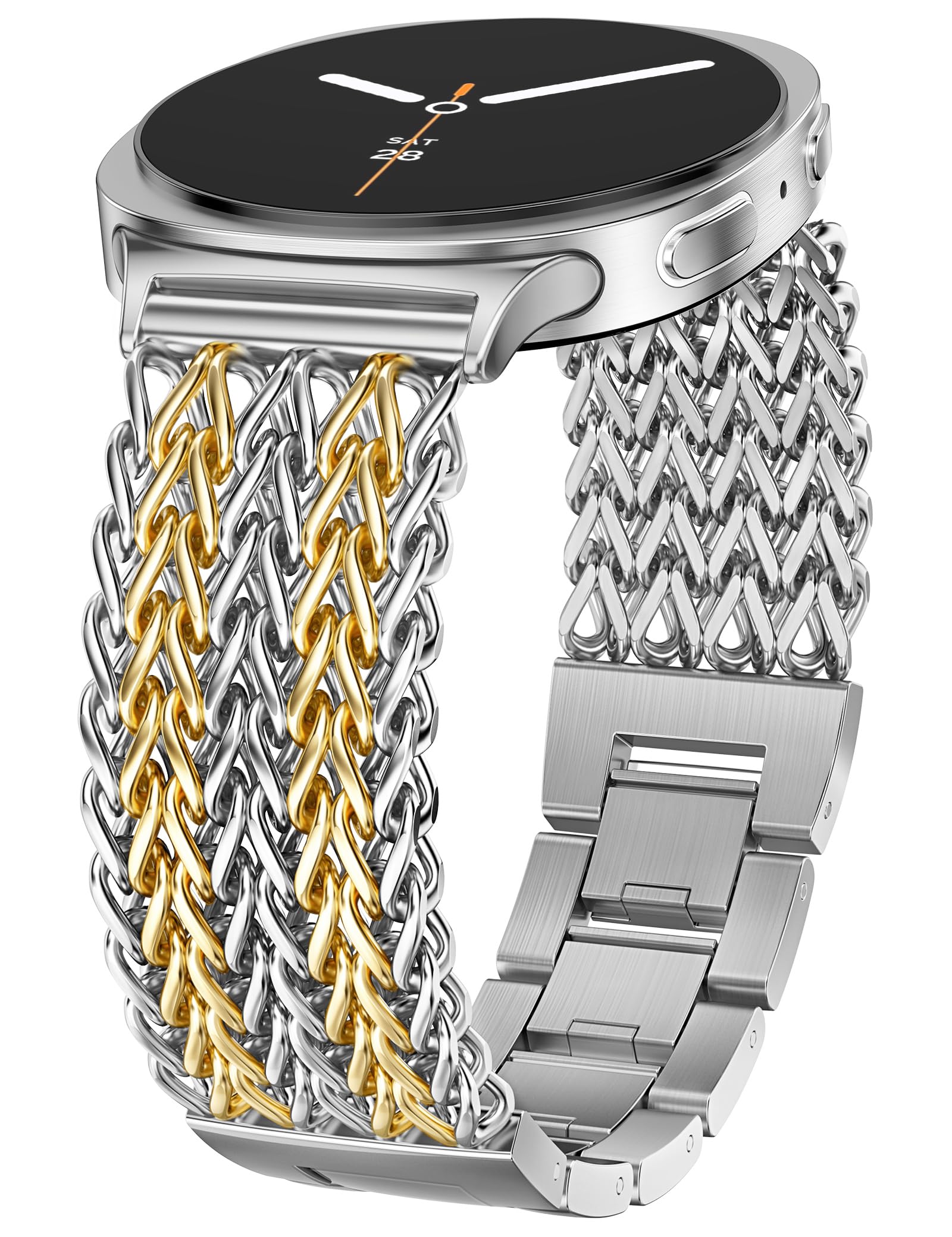 Photo 1 of Minyee Metal Band Compatible with Samsung Galaxy Watch 8 40mm 44mm/ 8 Classic 46mm Bands, No Gap One-Click Dressy Stainless Steel Metal Cute Multi-chain Strap Mermaid Style Link Bracelet, Silver/Gold