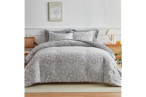 WARMDERN King Comforter Set, White Grey Floral Bedding Comforter Sets, Botanical Flower Leaves Pattern, 7 Pieces Soft Lightweight Yarn Dyed Microfiber Comforter Bed Set for All Season(King, Grey)