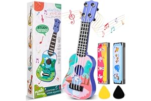 KFPPLXQ Mini Guitar 10 Inch Musical Toy Guitar, Classical Mini Toddler Ukulele with 2 Extra Mini Harmonica 16 Holes and 2 Kids Guitar Party Favor (Dinosaur)