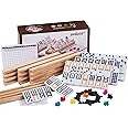 Smilejoy Mexican Train Dominoes Set with Colorful Dot- Double 12 Dominos Set for Adults-Classical Board Game for Elderly, 4 Wooden Rack,91 Tiles, 9 Plastic Trains, Octagon Hub (2-8 Player)
