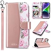 ULAK Compatible with iPhone 14 Plus Wallet Case with Card Holder [RFID Blocking], Flip Case for Women Girls PU Leather Kickstand Wrist Strap Shockproof Phone Case for iPhone 14 Plus 6.7'', Rose Gold