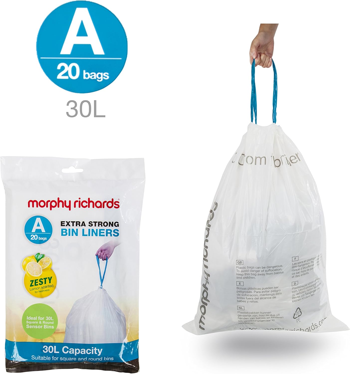Morphy Richards Custom Fit Lemon Scented Bin Liners, White, Size A, 30