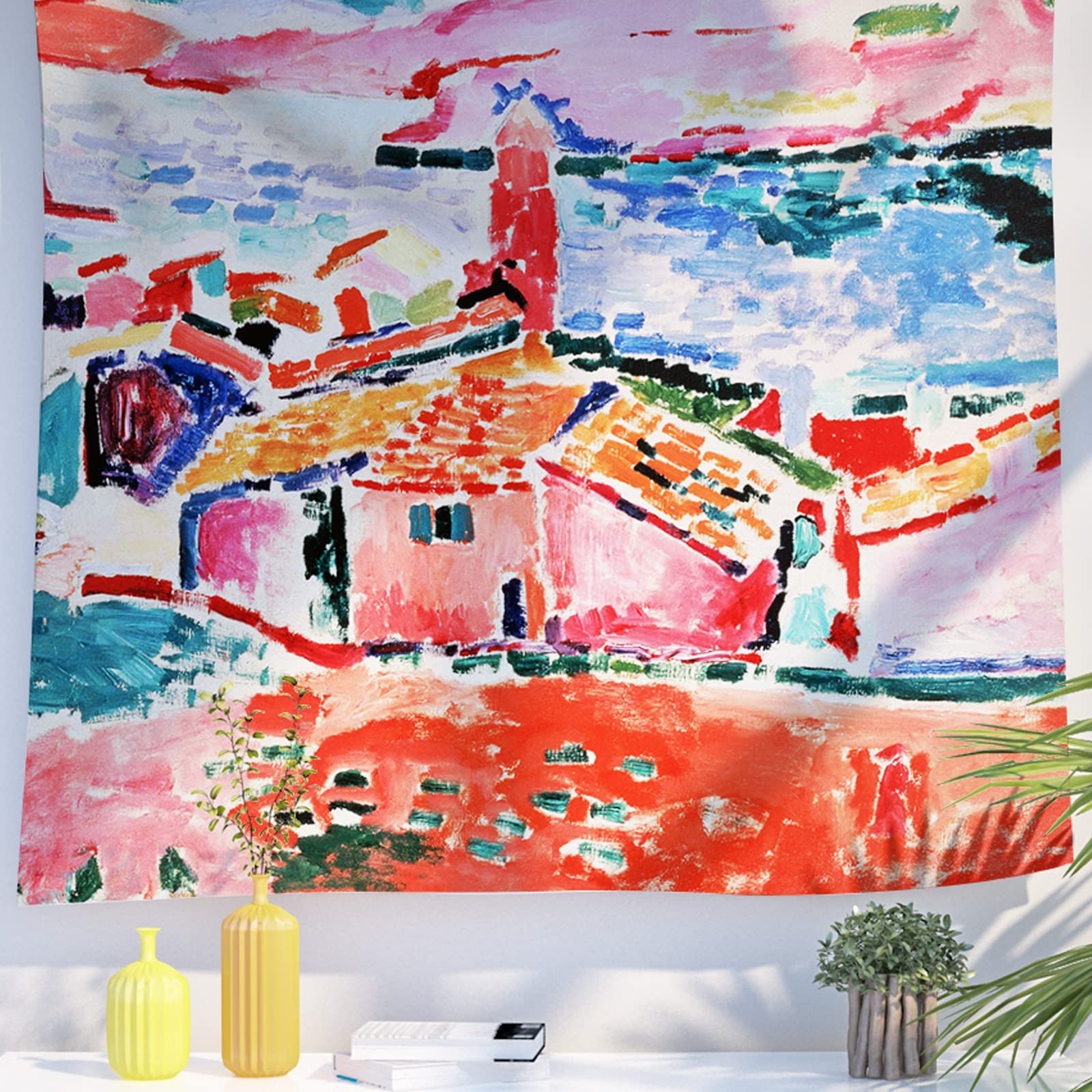 Berkin Arts Art Decor Tapestry with Landscape Design Wall Hanging Aesthetic Backdrop Pink Colorful Life for Living Room 59.1 x 78.7 Inch (View of Collioure by Henri Matisse)