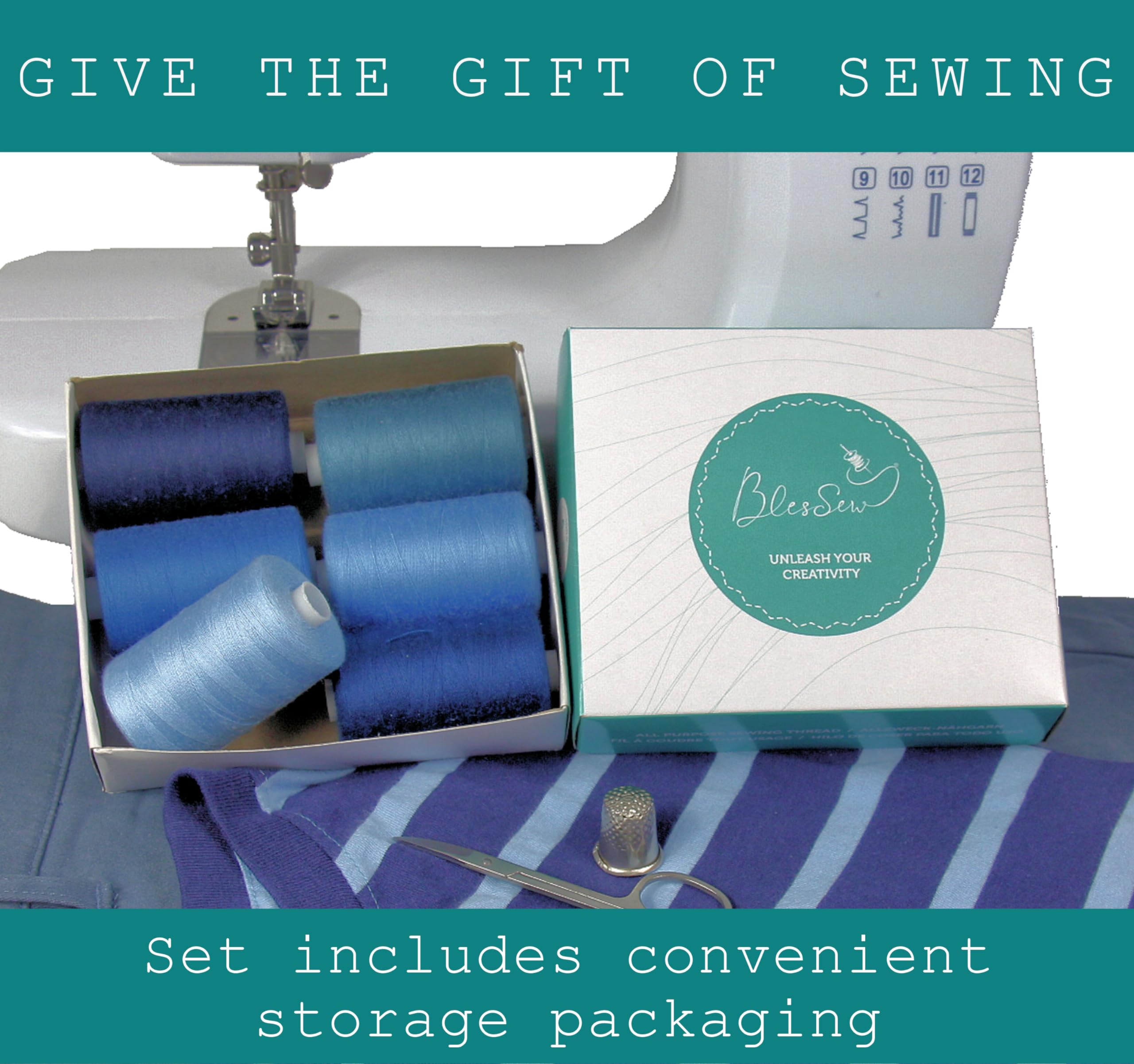 BlesSew Sewing Thread in Blue Color Tones – 6 Spools of Polyester Thread for Sewing Machine for Beginners, Hand Stitching & Quilting - 1000 yds per Spool
