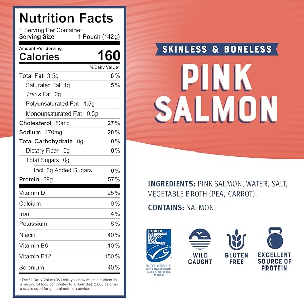 BUMBLE BEE SKINLESS & BONELESS PINK SALMON, 5 OZ POUCH – PREMIUM WILD CAUGHT SALMON FOR SNACKS, SANDWICHES & RECIPES – 29G PROTEIN PER SERVING – GLUTEN FREE, KOSHER, MSC CERTIFIED