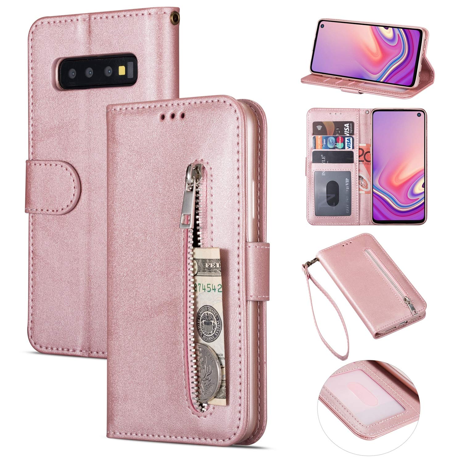 ZTOFERA Zipper Case For Samsung Galaxy S10,Magnetic Wallet Flip PU Leather With Wrist Strap Handbag Pocket Stand Inner TPU Case For Samsung Galaxy S10 -Rose Gold