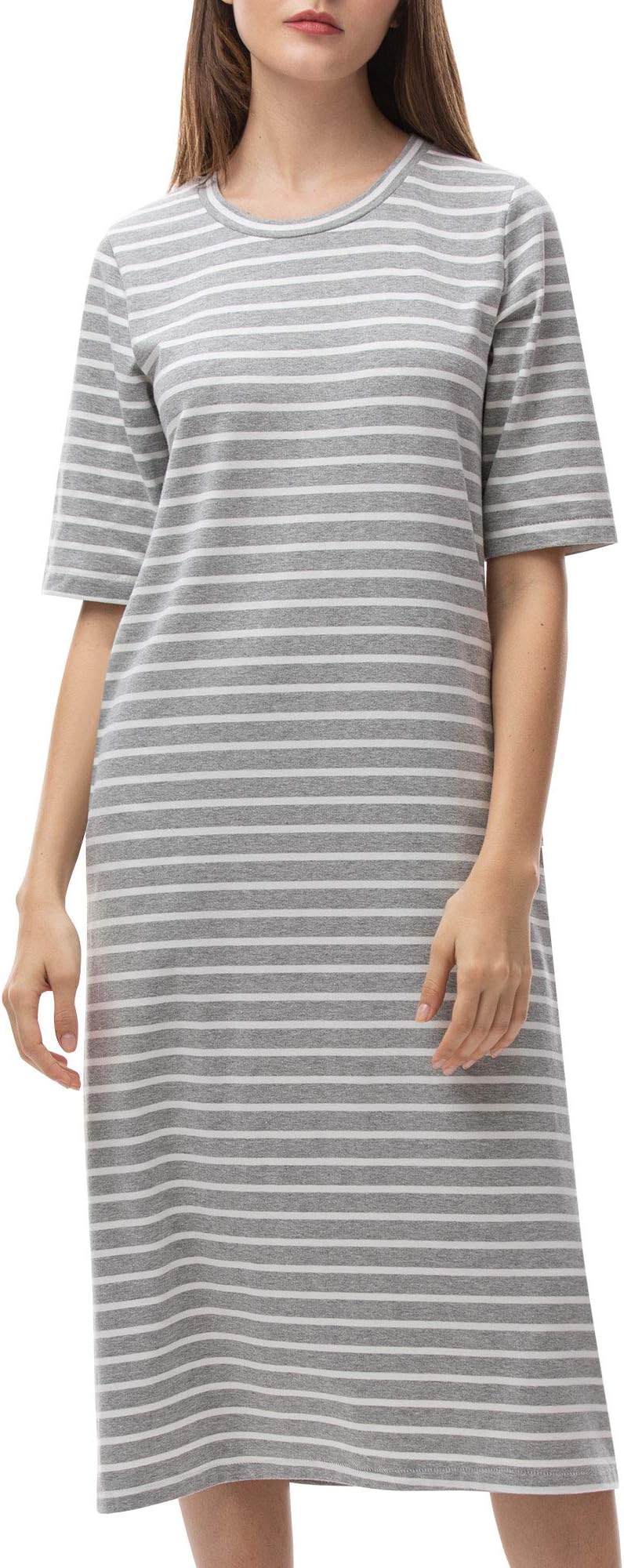 Women’s T Shirt Dress Striped with Pockets Midi Dress Crew Neck Short Sleeve Cotton Casual