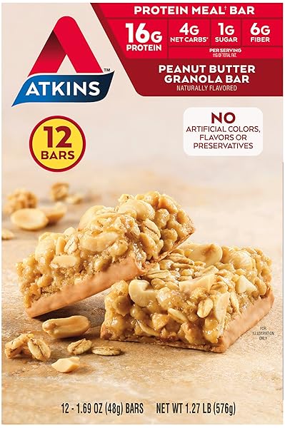 ATKINS PEANUT BUTTER GRANOLA PROTEIN MEAL BAR, HIGH FIBER, 16G PROTEIN, 1G SUGAR, 4G NET CARB, MEAL REPLACEMENT, KETO FRIENDLY, 12 COUNT