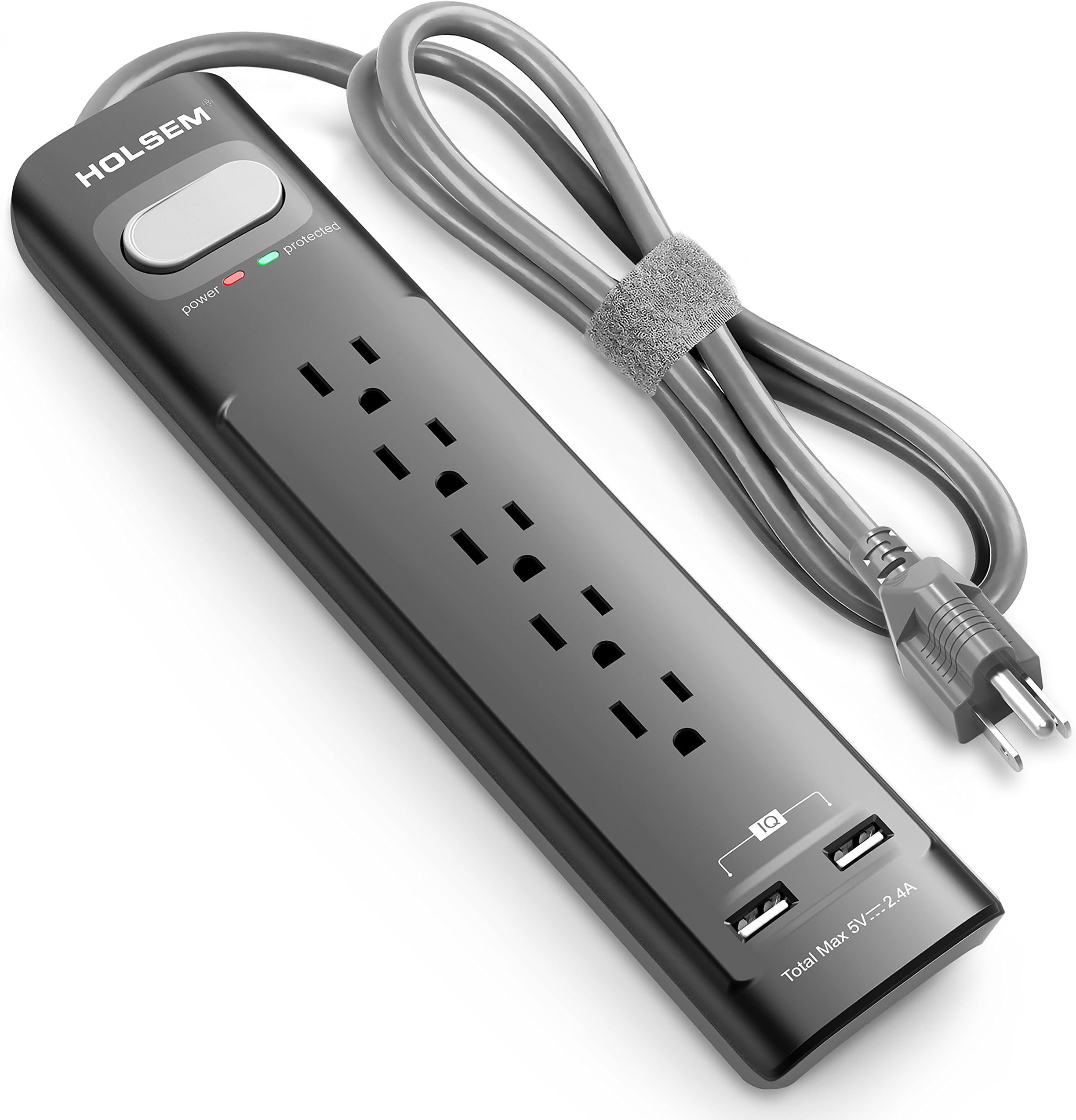 HOLSEM 5 Outlets Surge Protector Power Strip with 2 USB Charging Ports (5V/2.4A) and 4' Heavy Duty Extension Cord,Black