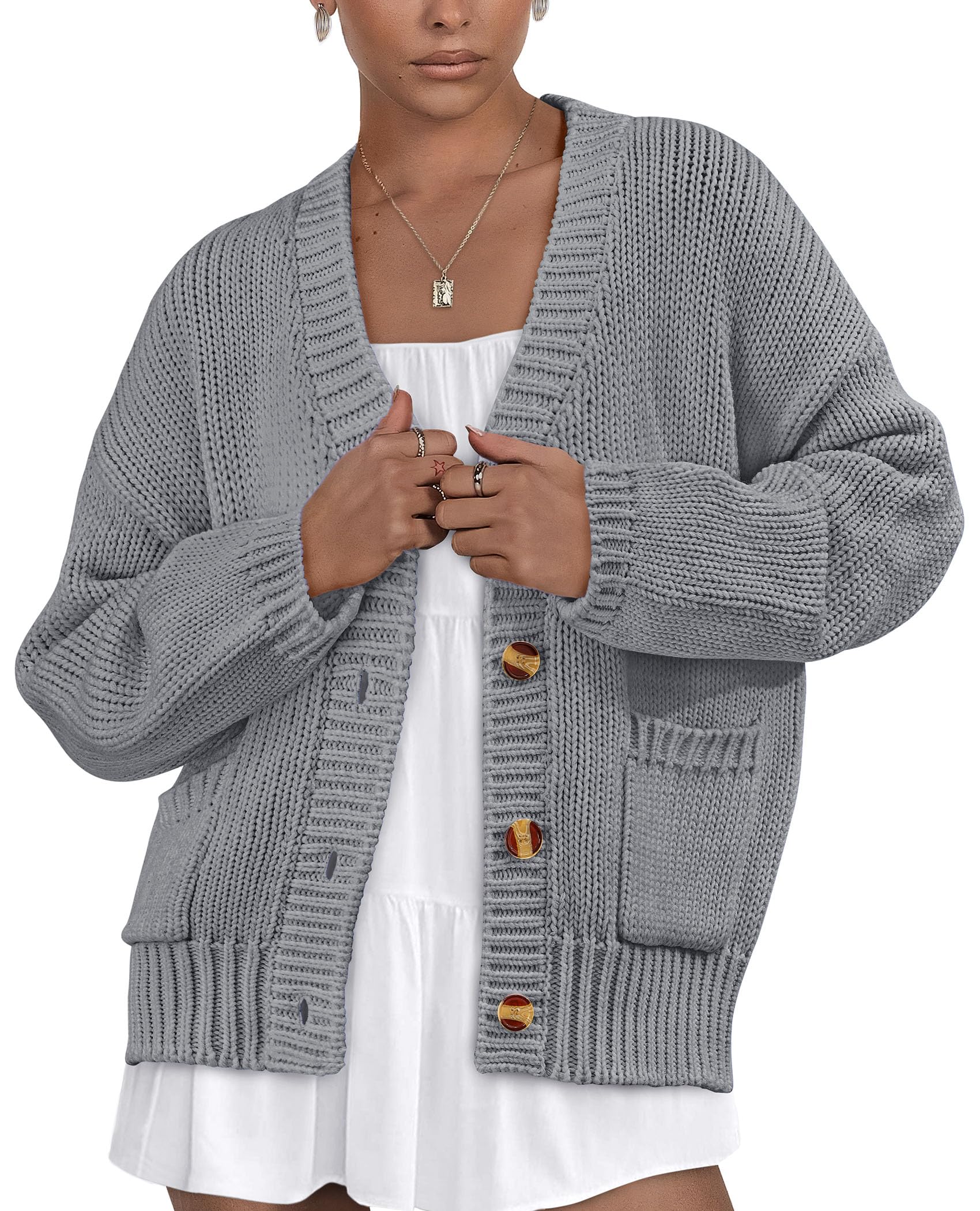 Photo 1 of PRETTYGARDEN Women's 2025 Fall Cardigan Sweaters Long Sleeve Open Front Button Up V Neck Knit Winter Fashion Clothes (Grey,Large)