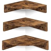 Homode Corner Shelf Wall Mount, Set of 3 Floating Corner Shelves with Cord Hole, 3 Tier Wood Wall Display Shelf, Storage for Bathroom Living Room Kitchen Bedroom, Rustic Brown and Black