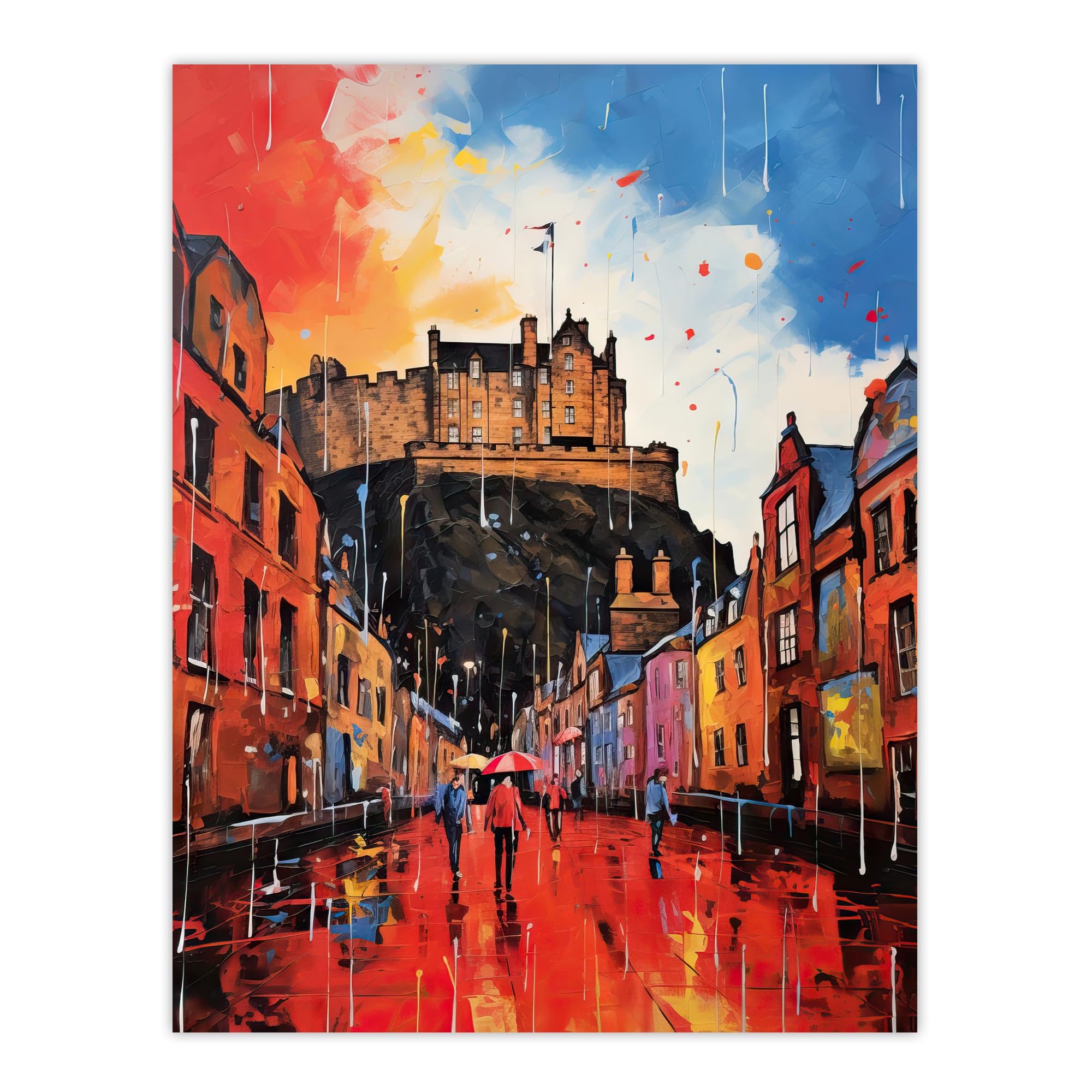 Artery8 Edinburgh Castle Vibrant Oil Painting Autumn Rain Cityscape Extra Large XL Wall Art Poster Print