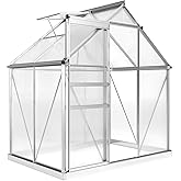 Outsunny 6' x 4' x 6.6' Polycarbonate Greenhouse, Walk-in Green House with Galvanized Base Adjustable Roof Vent Sliding Door 