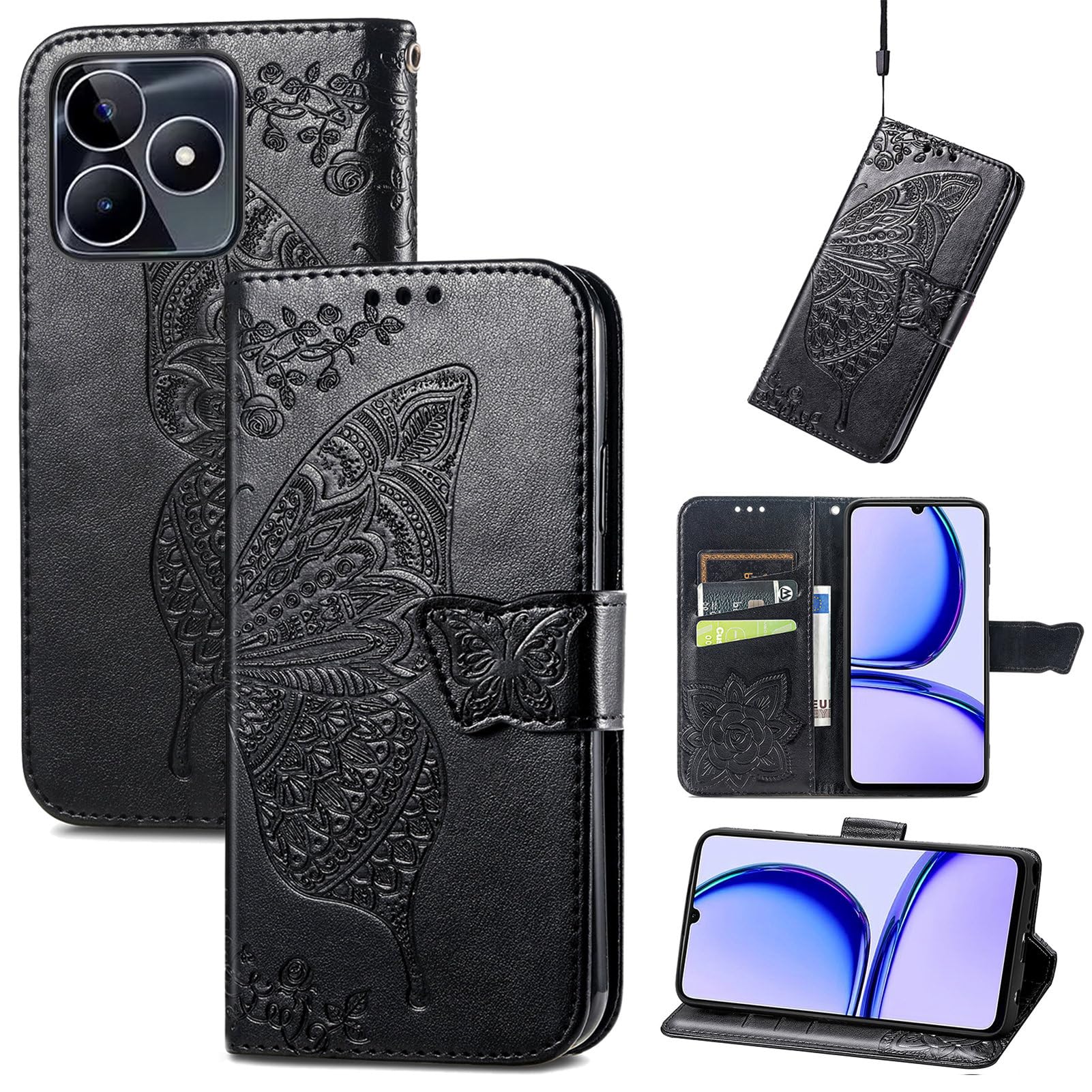 JIUNINE Case for Realme C53 / Realme C51 / Realme Note 50, Leather Wallet Case Flip Cover with Butterfly Embossed Pattern [Card Holder] [Magnetic Closure] [TPU Inner Shell] for Realme C53, Black