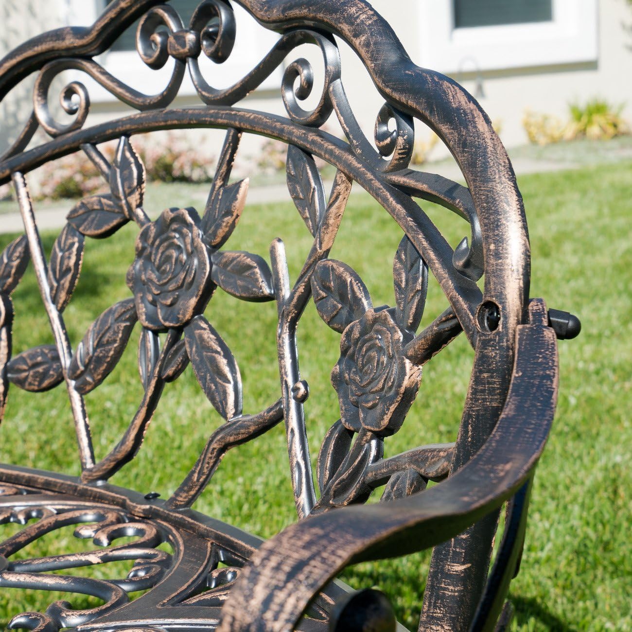 BELLEZE Antique Designed Rose Style Outdoor Patio Park Garden Bench Bronze Love Seat Cast Iron Backyard Porch Home Pool : Garden & Outdoor