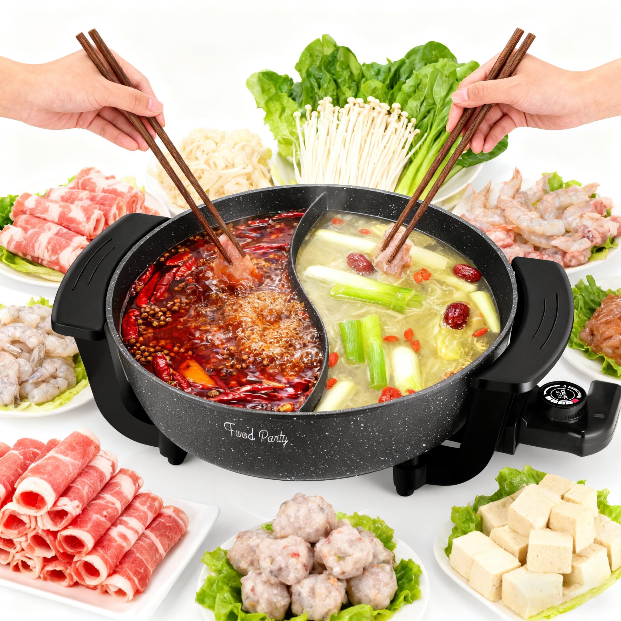 Food Party Electric Hot Pot with Divider Hotpot Pot Electric Hopot Cooker Shabu Shabu Pot 110V 1200W Non-Stick 6-Quart BPA FREE Fondue Chinese Hot Pot