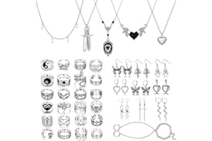 KISS WIFE Metal Punk Goth Horror Jewelry Set for Women, Vintage Silver Necklaces Earrings Knuckle Rings and Chain Bracelet Set, Goth Grunge Y2K Emo Jewelry Sets Party Costume Accessories Gifts