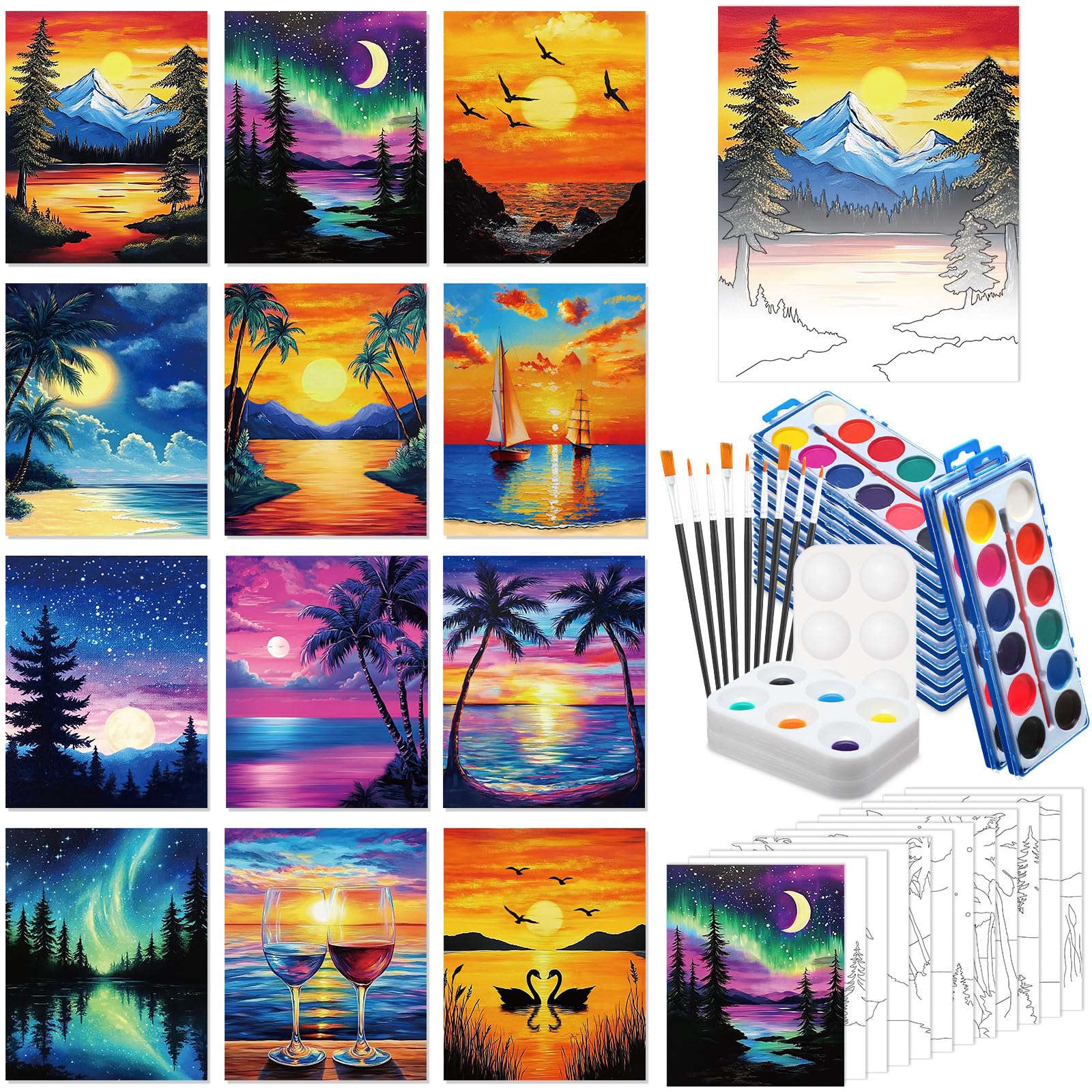 Photo 1 of Ctosree 12 Sets Pre Drawn Canvas Kit for Painting Sip and Paint Kit Art Party Favors Pre Printed Canvases for Christmas Halloween Gifts DIY Virtual Adult's Date Night(Summer Sunset,8 x 10 in)
