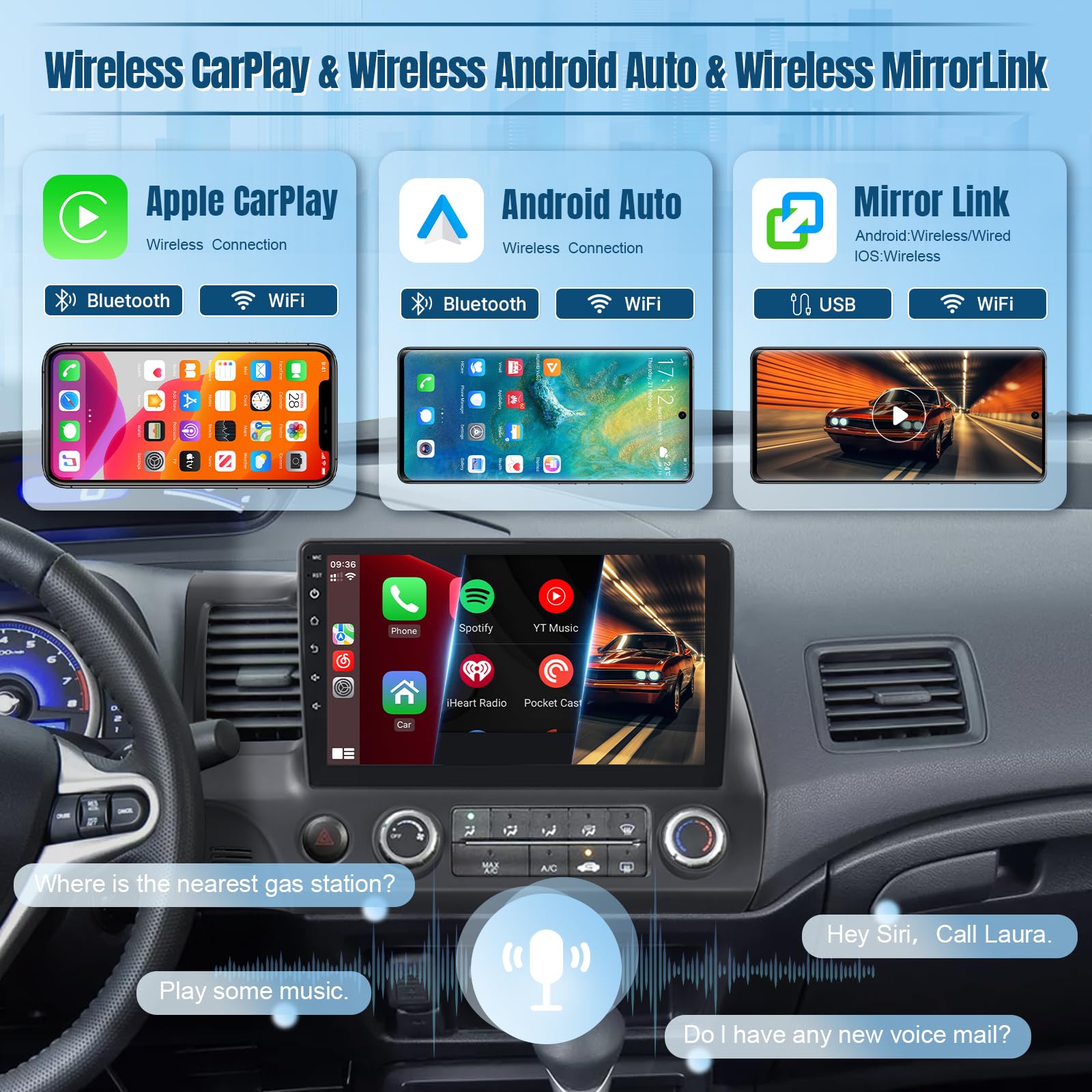 Naifay Android Car Radio for Honda Civic 2006 2007 2008 2009 2010 2011 with Wireless CarPlay Android Auto, 2+32G 10.1inch IPS Touch Screen for Civic Car Stereo with Bluetooth GPS Navigation WiFi SWC