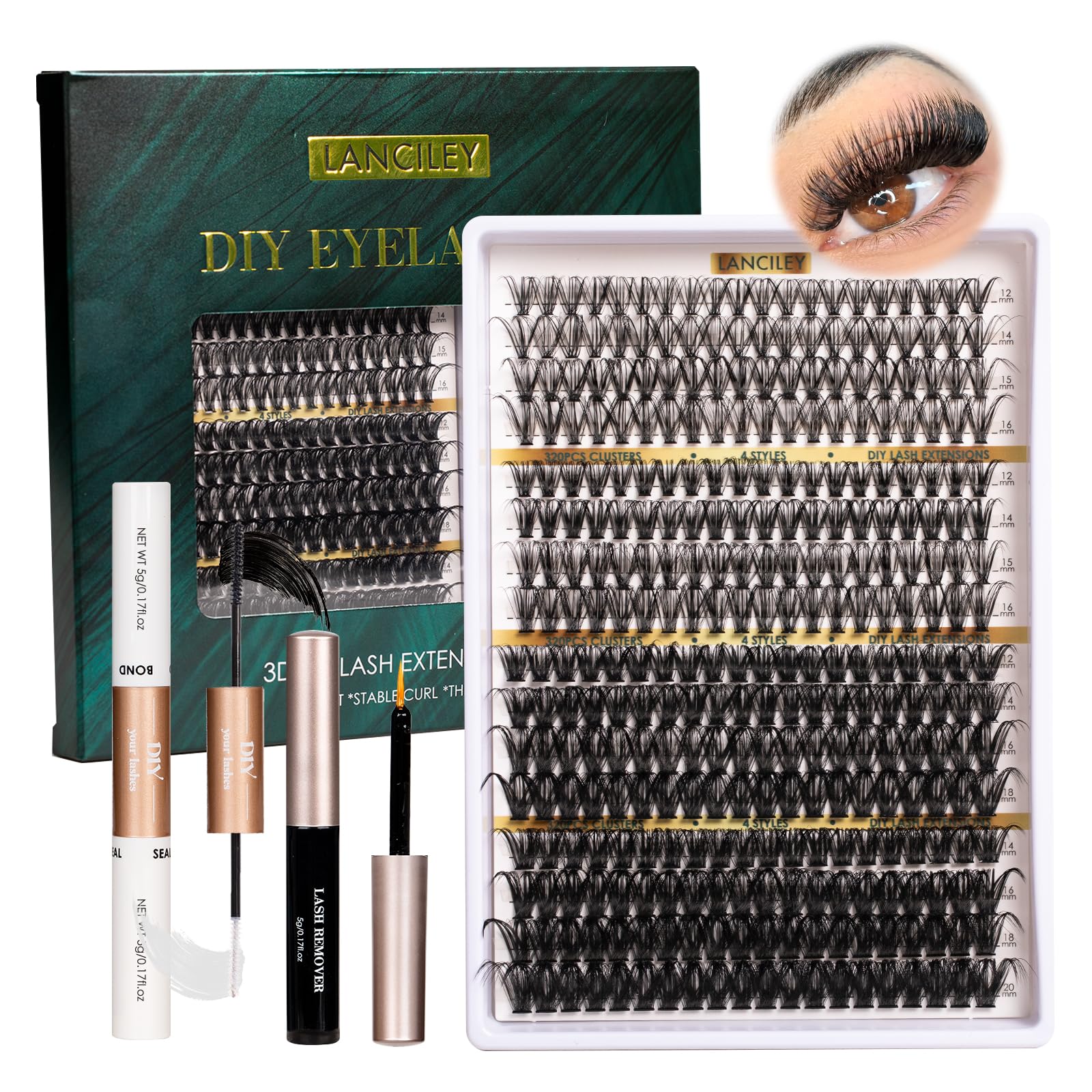 Cluster Lashes 320PCS Volume Individual Eyelashes 30D+40D+80D+100D Lash Extension Kit 12-20MM Natural Lash Clusters DIY Eyelash Extension Kit with Lash Bond and Seal Lash Tweezers-30+40+80+100D — image 1