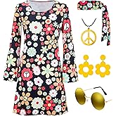 Hippie Costume for Women 60s 70s Disco Dress Outfits Peace Sign Necklace Earrings Sunglass Accessories Set