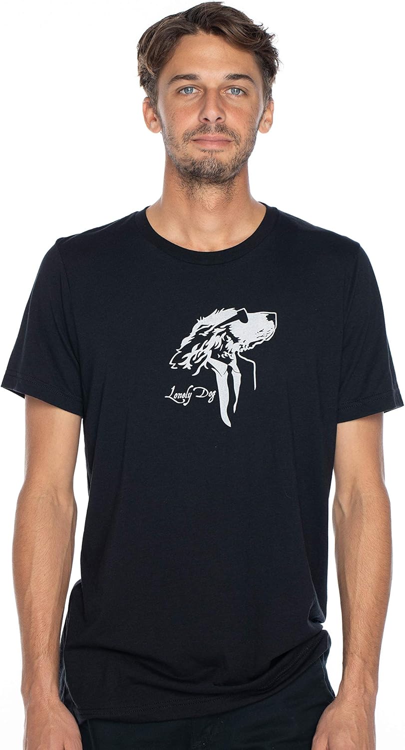 Lonely Dog T-Shirt-Short Sleeves Novelty Shirt with Center and Offset Dog Logo: Clothing