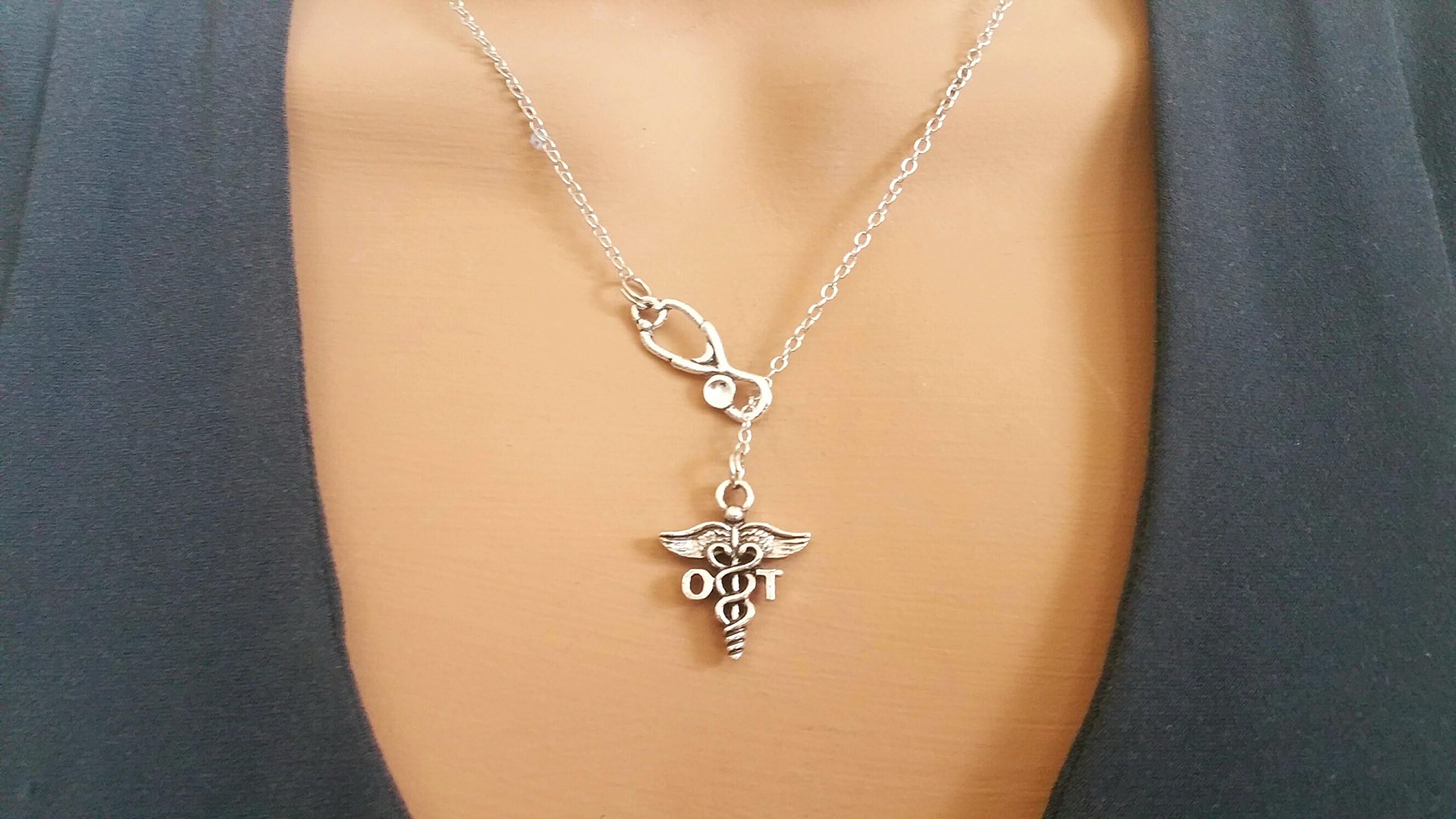 OT Occupational Therapist Therapy Medical Caduceus Stethoscope Lariat Necklace in Antique Silver Finish