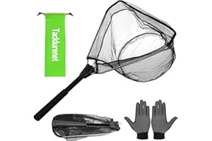 TACKLURENET Folding Kayak Fishing Net with Aluminum Alloy Frame Rubber-Coated Nylon Net for Small Fishing Net Fishing Landing Net for Non-Slip Gloves Storage Bag