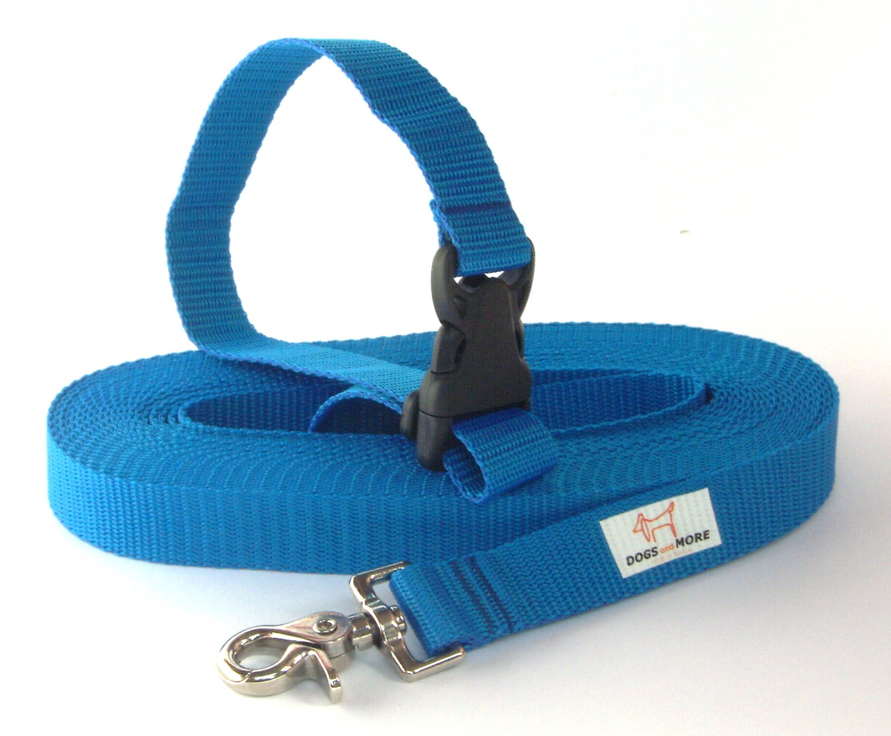 DOGS and MORE – EXTENDABLE Tracking / Training / Recall Leash with RELEASABLE wrist strap - 10 meter / 33 feet (Blue, 25 mm wide)