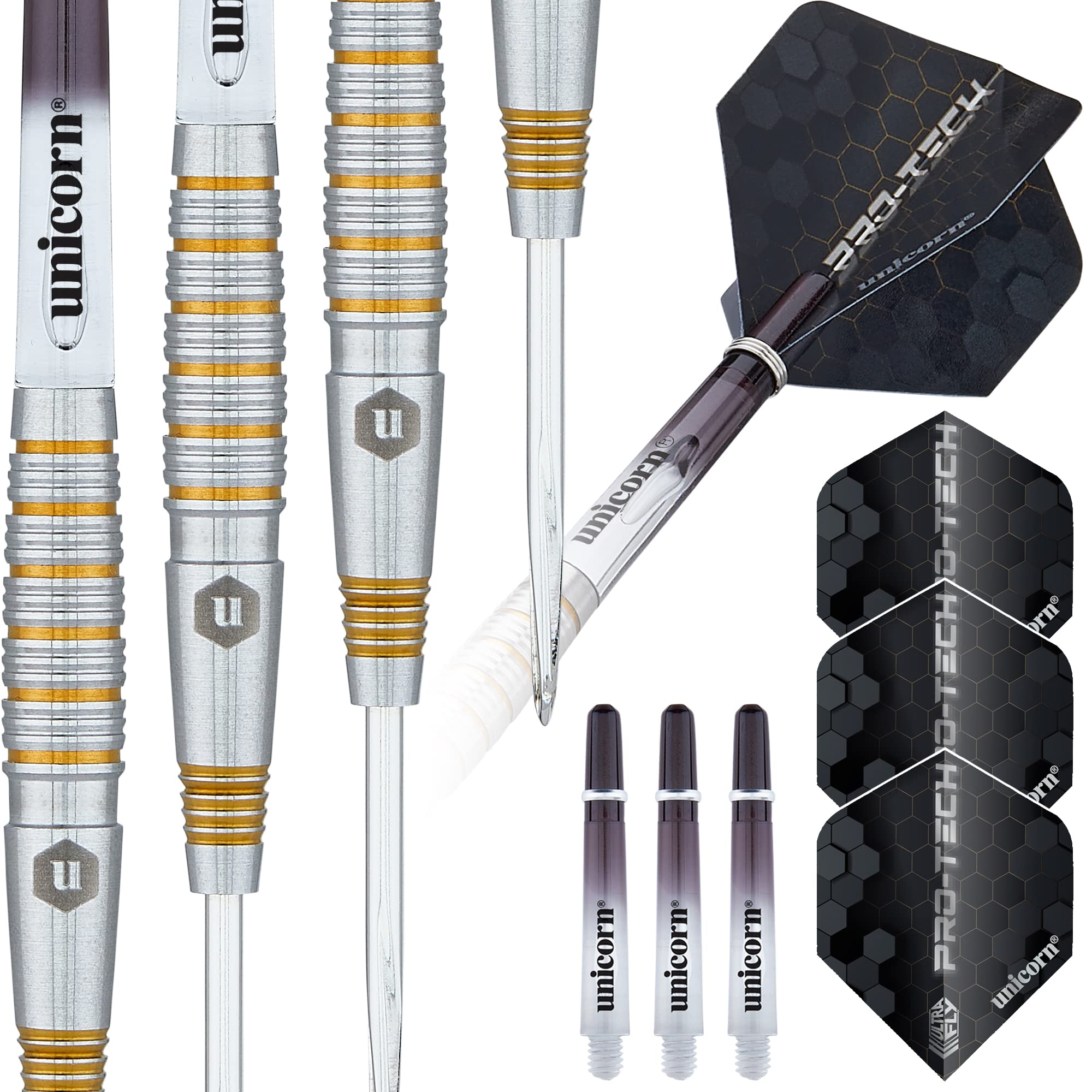 Unicorn Steel Tip Darts Set | Pro-Tech Style 2 | 90% Natural Tungsten Barrels with Golden Accents & Volute Points | 23 g