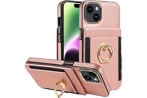 S. Tedazo for iPhone 15 (6.1 inch) Wallet Case with Credit Card Holder and 360° Rotation Ring Stand, RFID Block Flip Leather Shockproof Cover-Rose Gold