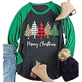 Plus Size Christmas T Shirt Women Xmas Leopard Plaid Trees Print Tees Casual Long Sleeve Holiday Shirts Top