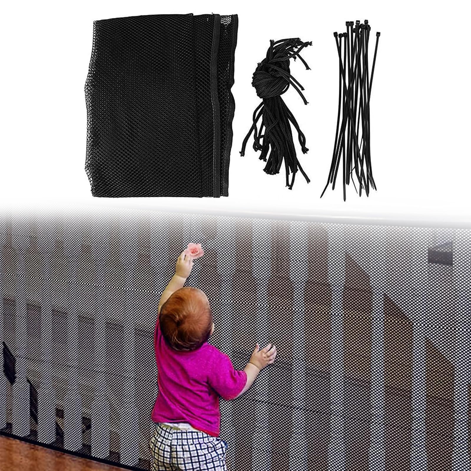 Child Safety Net, 2Mx79CM Stairs Guard Protective Netting, Balcony Banister Stairs Guard Safety Net for Kids Baby Pets, Baby Safety Net, Balcony and Stairway Railing Fence Mesh Protection Net, Black
