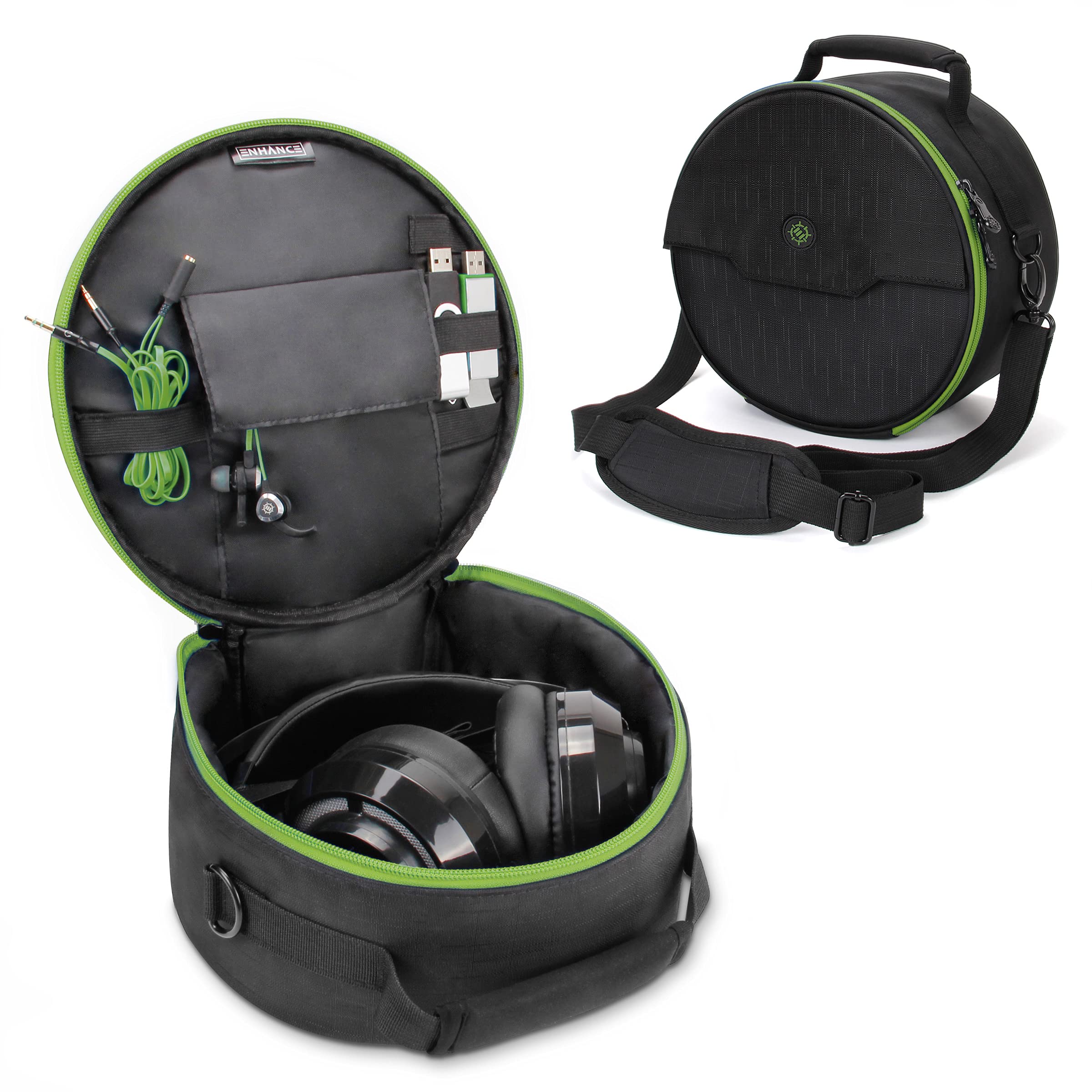 ENHANCE Portable Headphone Case for Wired & Wireless Headsets - Universal Headset Case Compatible with Xbox, Beats, Bose & Gaming Headphones - Accessory Storage, Strap & Carrying Handle - Green