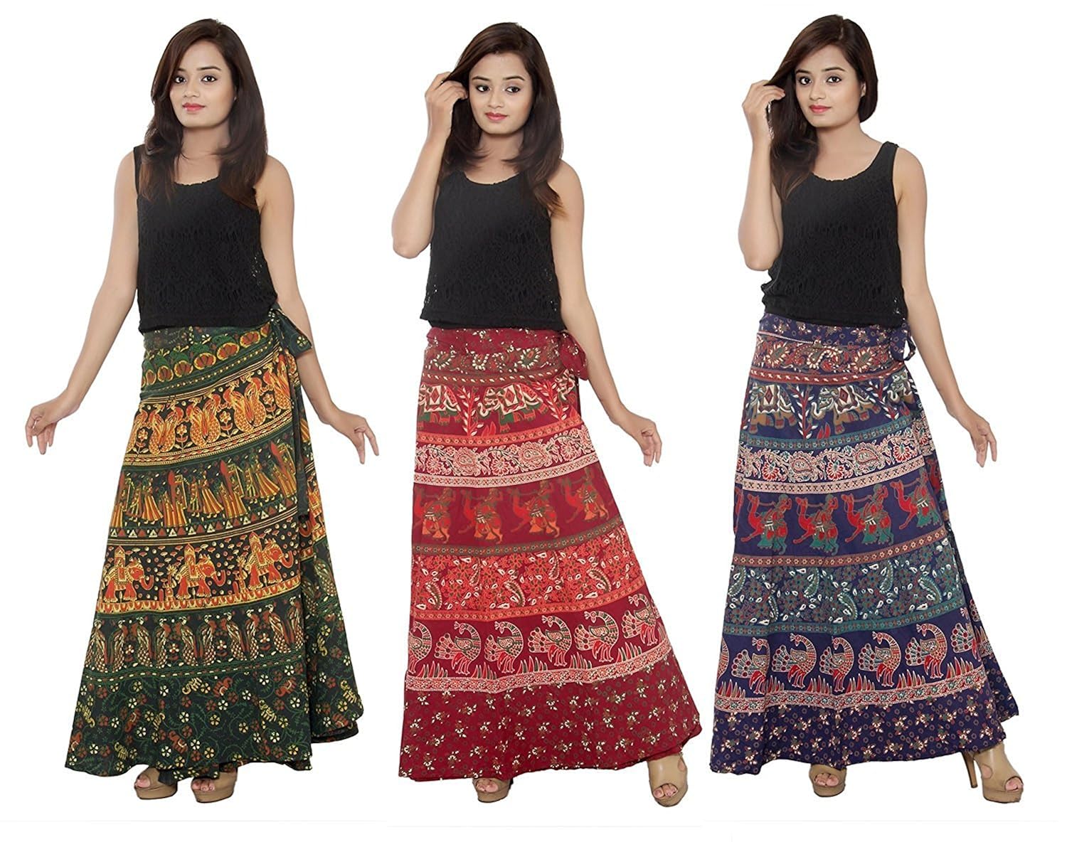 ekam art cotton multi color wrap around woman's skirts combo pack of 3 (assorted design) new year gifts