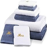 Peryiter 6 Pcs Mr and Mrs Themed Towel Set Honeymoon Gifts for Couples Bride Groom 100% Cotton Travel Bathroom Towel for Valentines Wedding Gift Bridal Shower(Blue and White)