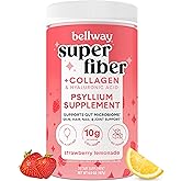 Bellway Super Fiber Powder + Collagen, Sugar-Free Psyllium Husk Powder with Collagen Peptides and Hyaluronic Acid for Gut Health, Healthy Skin, Nails, Bones & Joints, Strawberry Lemonade (11 Servings)