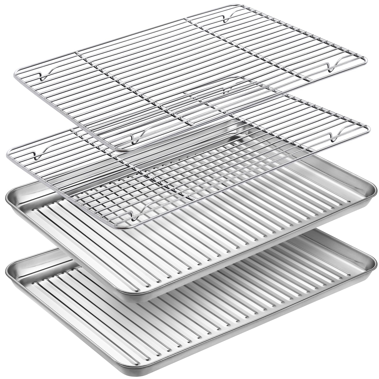 Baking Tray & Rack Set [2 Sheets + 2 Racks], Stainless Steel Non Stick Oven Tray with Rack, Large Cookie Sheet Pan for Baking Cooking, Heavy Duty, Easy Clean, Dishwasher Safe (16 x 12 x 1 inch)