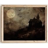 Kizbok Moody Halloween Wall Art Prints, Spooky Haunted House Landscape Canvas Painting, Gothic Halloween Pictures Wall Decor, Vintage Dark Academia Decor for Bedroom Gallery Bathroom - UNFRAMED
