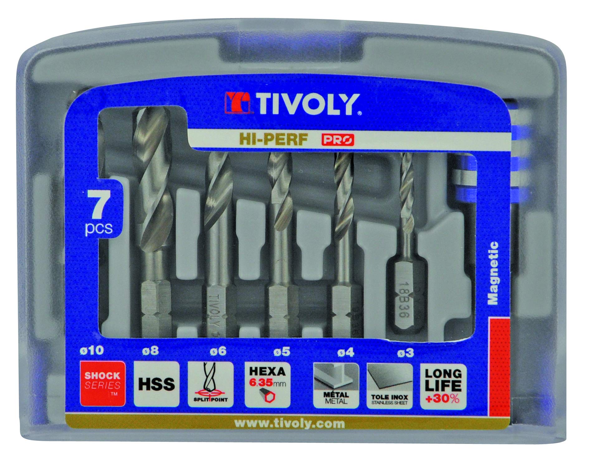 Tivoly 11437070002 FHX06 Set of 6 Hexa Monoblock Metal Drill Bits Diameter 2 to 10 mm