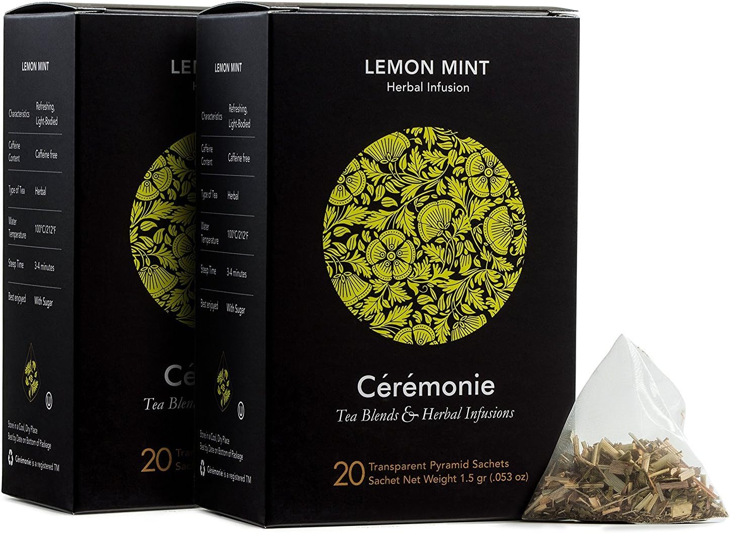 CeremonieTea Premium Gourmet Lemon & Mint Herbal Infused Tea Blend - Single Serve Pouches - Refreshing & Light Bodied | 2 Pack Herbal Infusion (20 Pyramid Tea Bags Each)