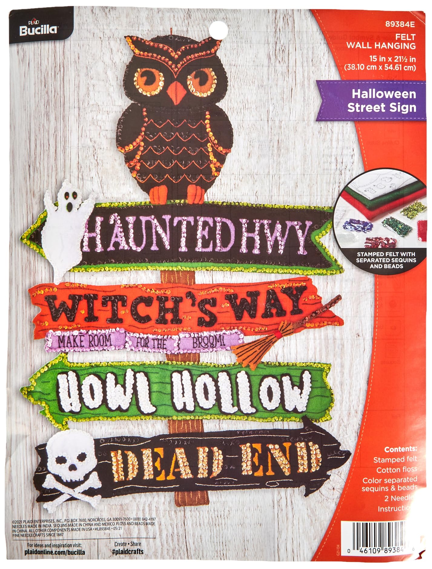 Bucilla Felt Applique Wall Hanging Kit, Halloween Street Sign 15" x 21.5" Felt Applique Wall Hanging Kit, Perfect for Halloween DIY Needlepoint Arts and Crafts, 89384E